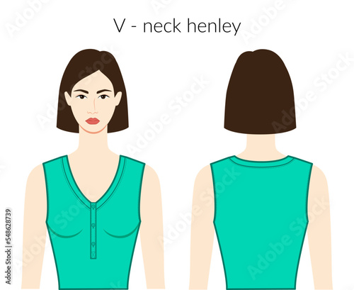 V - neckline henley knits, sweaters clothes character beautiful lady in green top, shirt, dress technical fashion illustration with fitted body. Flat apparel template. Women, men unisex CAD mockup