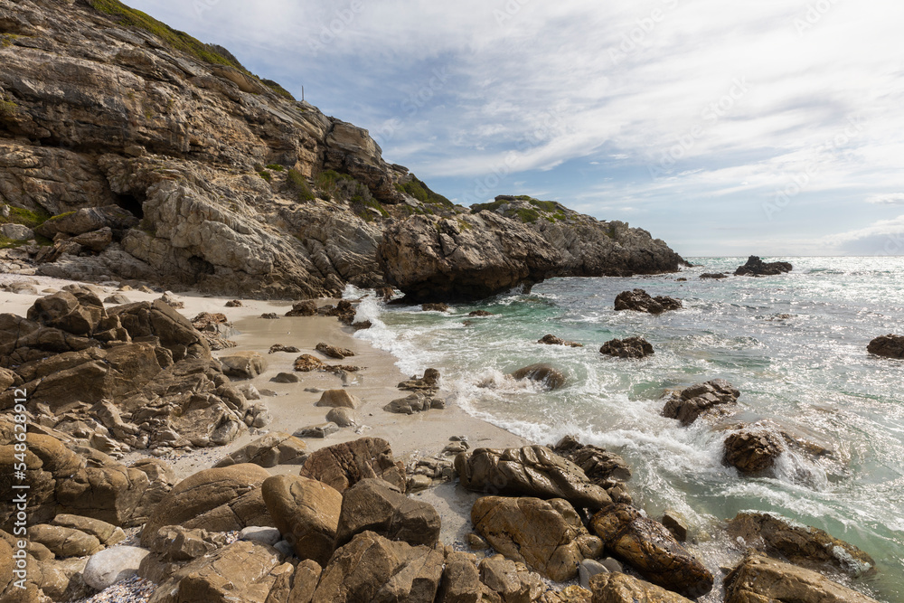 South Africa, Gansbaai, Mountains and rocks on sea coast South Africa, Gansbaai, Mountains and rocks on sea coast