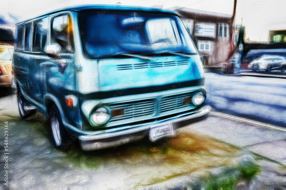 Vintage American van parked in city