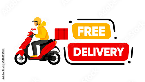 Free Delivery banner. Scooter with a man delivering an order. Delivery concept. Vector illustration.