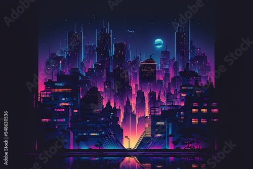Background With Night City In Neon Lights