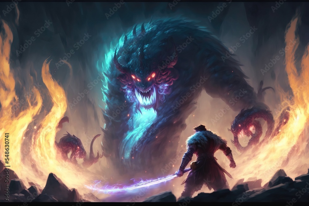 brave traveler battles with giant terrifying monsters. fantasy giant monster in concept Norse Mythology. digital art style, illustration painting.