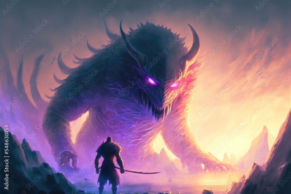 brave traveler battles with giant terrifying monsters. fantasy giant monster  in concept Norse Mythology. digital art style, illustration painting. Stock  Illustration