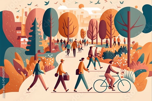 Flat People Walking And Cycling In Public City Park