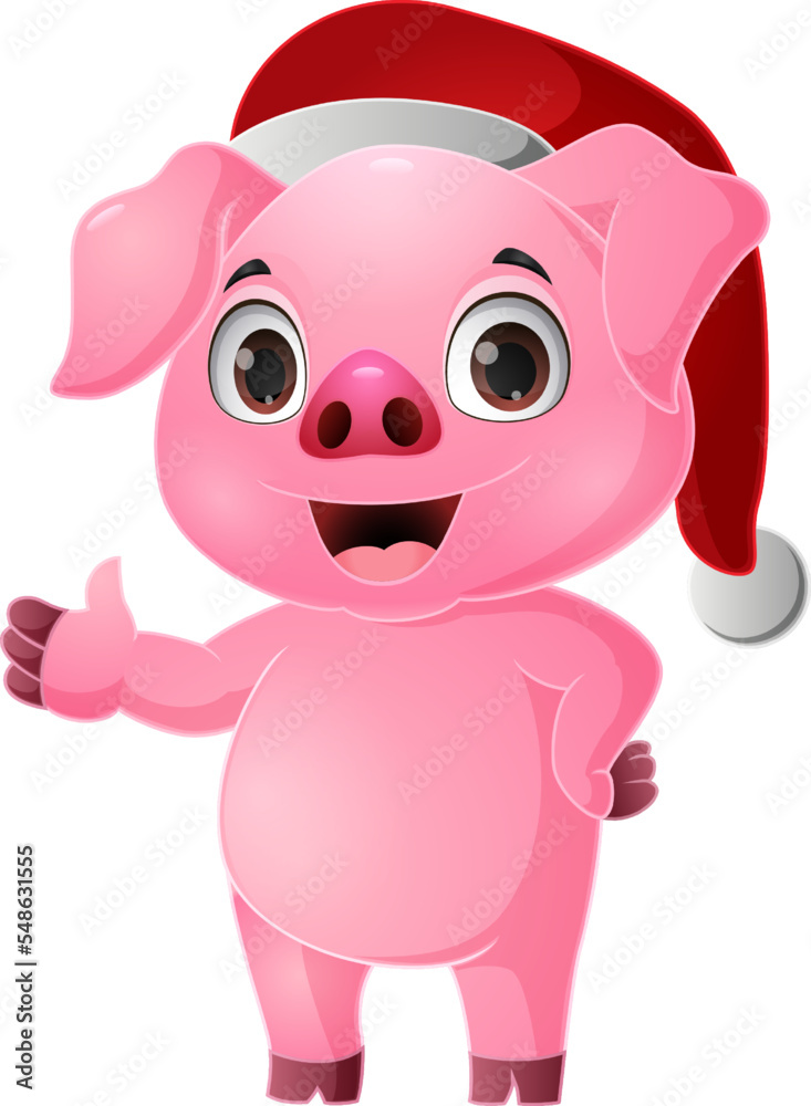 Cute pig cartoon wearing santa hat waving hand Cute pig cartoon wearing santa hat waving hand