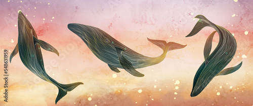 Luxury watercolor art background with whales in gold artline style in pink sunset. Animal hand drawn background for decoration, print, textile, wallpaper, interior design, invitations.