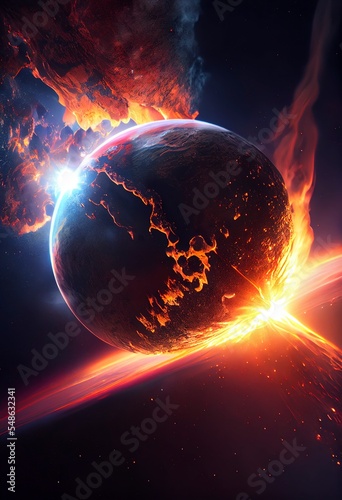 Illustration of a meteor exploding in space. Meteor crashing on earth. Outer space explosion. Apocalypse. Comet. Space background. Backdrop 3d render/illustration.