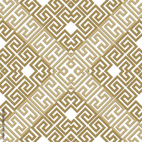 Gold rhombus seamless pattern. Greek golden ornaments on white background. Vector repeat ornate greek backdrop. Modern geometric ornament with greek key, meanders. Endless texture. Isolated design