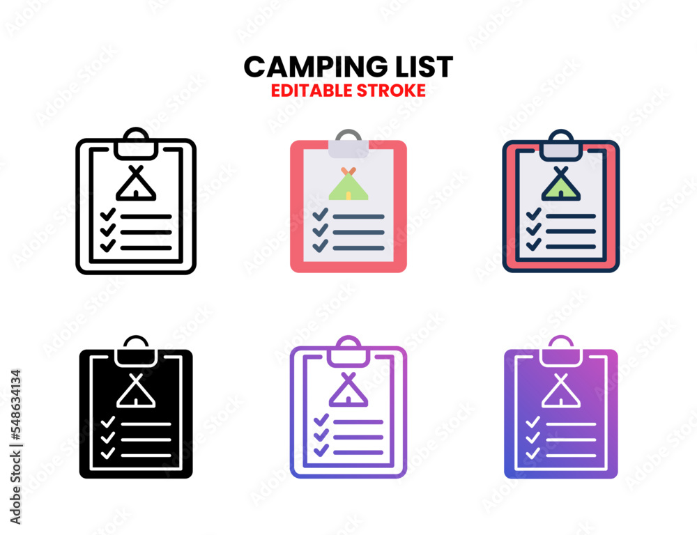Camping List icon set vector line, outline, glyph, filled line, flat color, line and flat gradient. Editable stroke and pixel perfect. Can used for digital product, presentation, UI and many more. Camping List icon set vector line, outline, glyph, filled line, flat color, line and flat gradient. Editable stroke and pixel perfect. Can used for digital product, presentation, UI and many more.