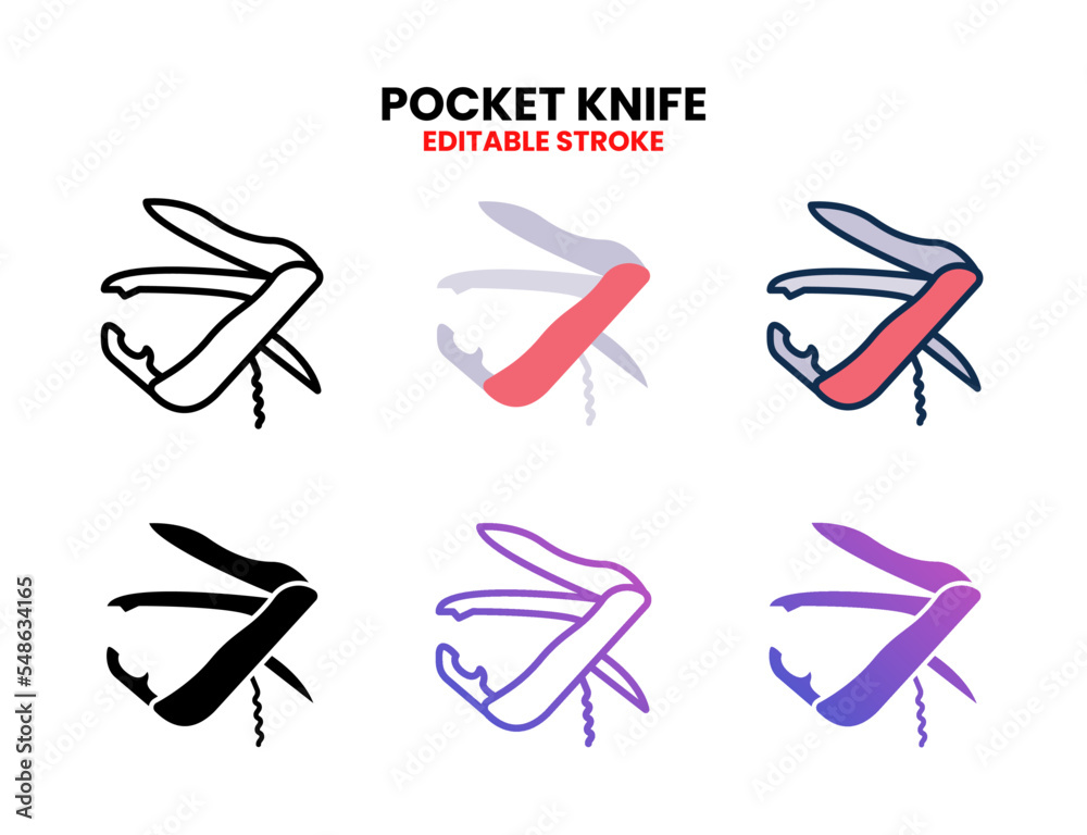 Pocket Knife icon set vector line, outline, glyph, filled line, flat color, line and flat gradient. Editable stroke and pixel perfect. Can used for digital product, presentation, UI and many more.
