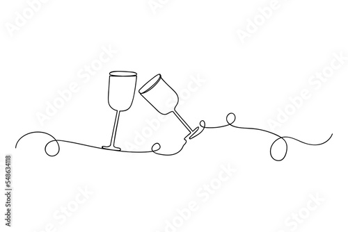 two glasses one line. Two glasses simple one line drawing. Contour icon. Vector illustration. stock image. 