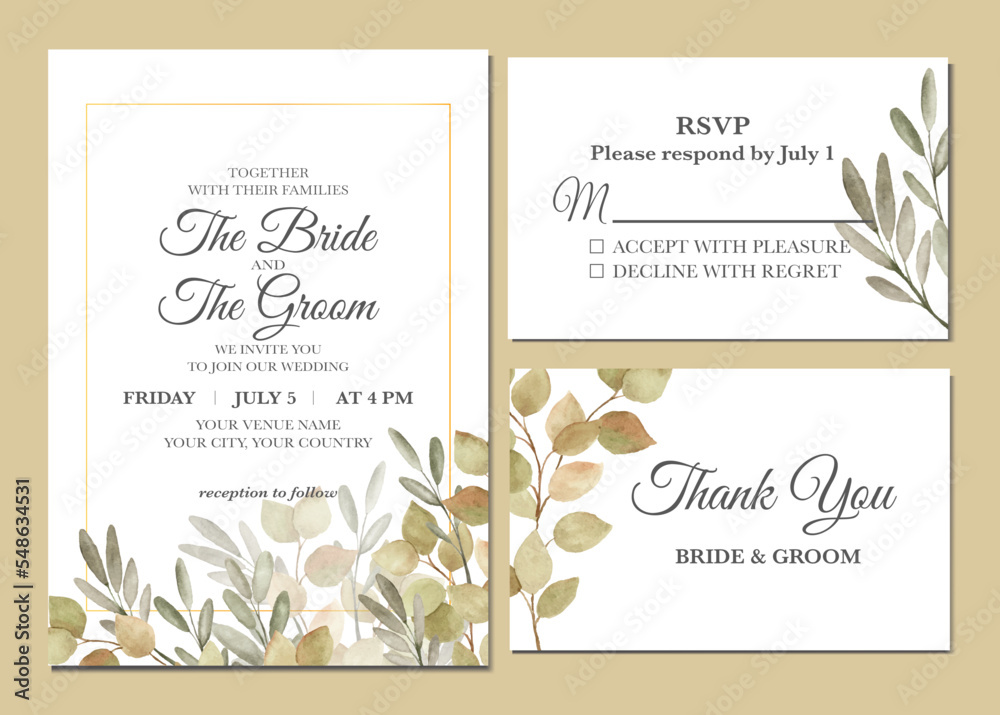 Manual painted of aesthetic leaves watercolor as wedding invitation.