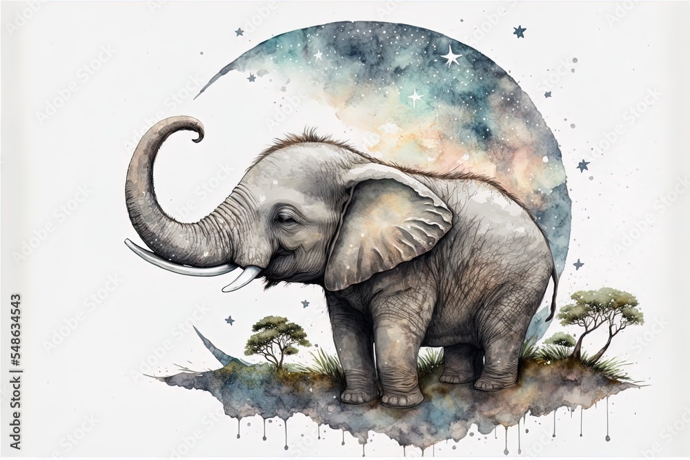 Cute Baby Elephant On The Crescent Moon Watercolor Stock Illustration ...
