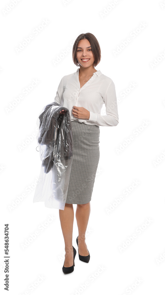 Woman holding garment cover with clothes on white background. Dry-cleaning service Woman holding garment cover with clothes on white background. Dry-cleaning service