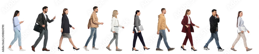 Collage with photos of people wearing stylish outfit walking on white background. Banner design Collage with photos of people wearing stylish outfit walking on white background. Banner design