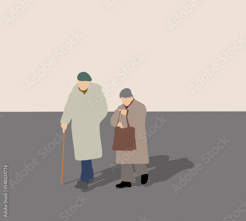 Old couple walking on street. Anniversary, happily retired with copy space. Romantic and elderly healthy lifestyle concept.