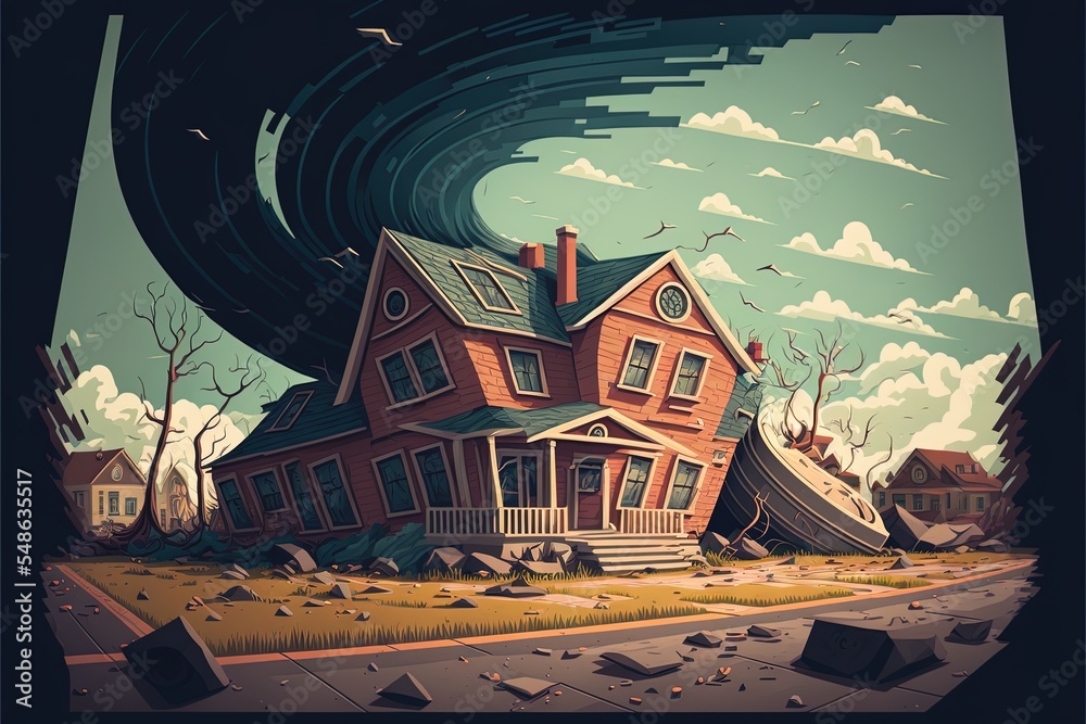 Houses Destruction With Tornado Catastrophe. Natural Disaster With Hurricane, Power Twisted Storm, Whirlwind, Buildings Damage. Cyclone Zone, Landscape With Broken Homes, Cartoon 2D Illustrated