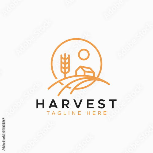 Harvest Wheat Barn or Farm House with Abstract Rural Scene Concept for Vintage Logo Badge.