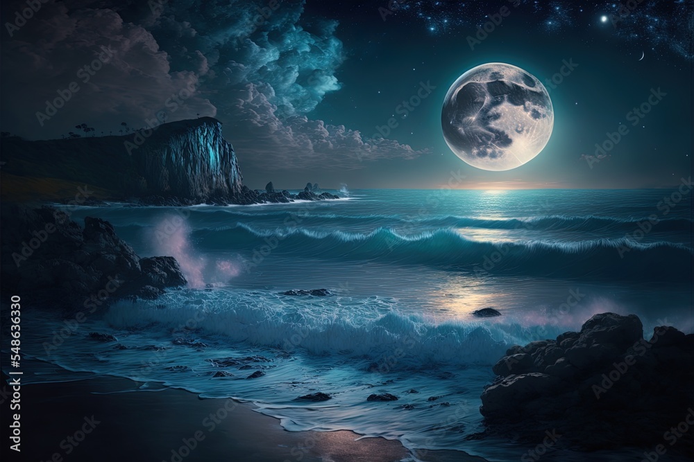 Night Ocean Landscape Full Moon And Stars Shine