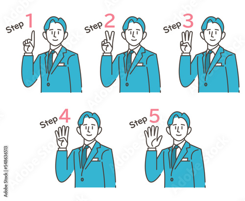 Vector illustration of a man using one to five fingers to represent the steps, procedures, and order of a business.