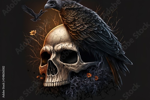 Halloween Skull With Crow Illustration photo