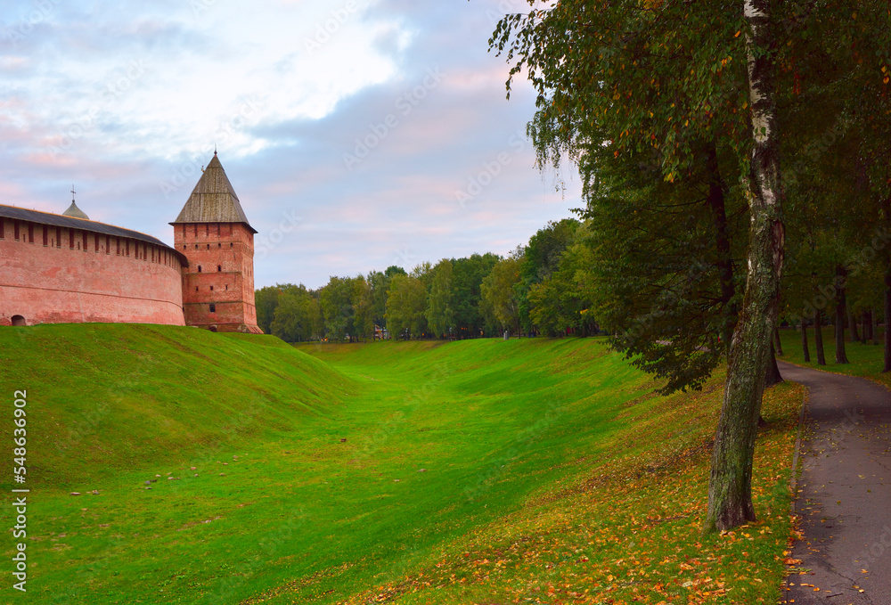 Ancient monuments of Veliky Novgorod. Moat and walls of the Kremlin, XV century, UNESCO monument. Russia, 2022