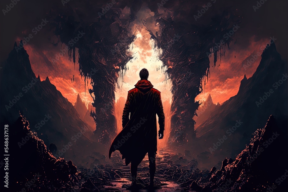 Fototapeta premium A Person Facing The Purgatory World Illustration.