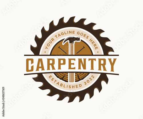 Carpentry logo emblem vintage, circular saw blade, hammer and nail, woodwork, lumber, wood texture fit for carpenter, construction, wood cutting
