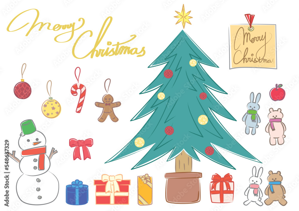 クリスマスツリー、オーナメント、プレゼントのシンプルなベクターイラスト