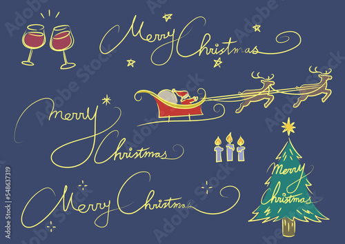 筆記体のメリークリスマス文字、サンタクロースとトナカイ、乾杯、ろうそくなどのクリスマスに使いやすいあしらいセット