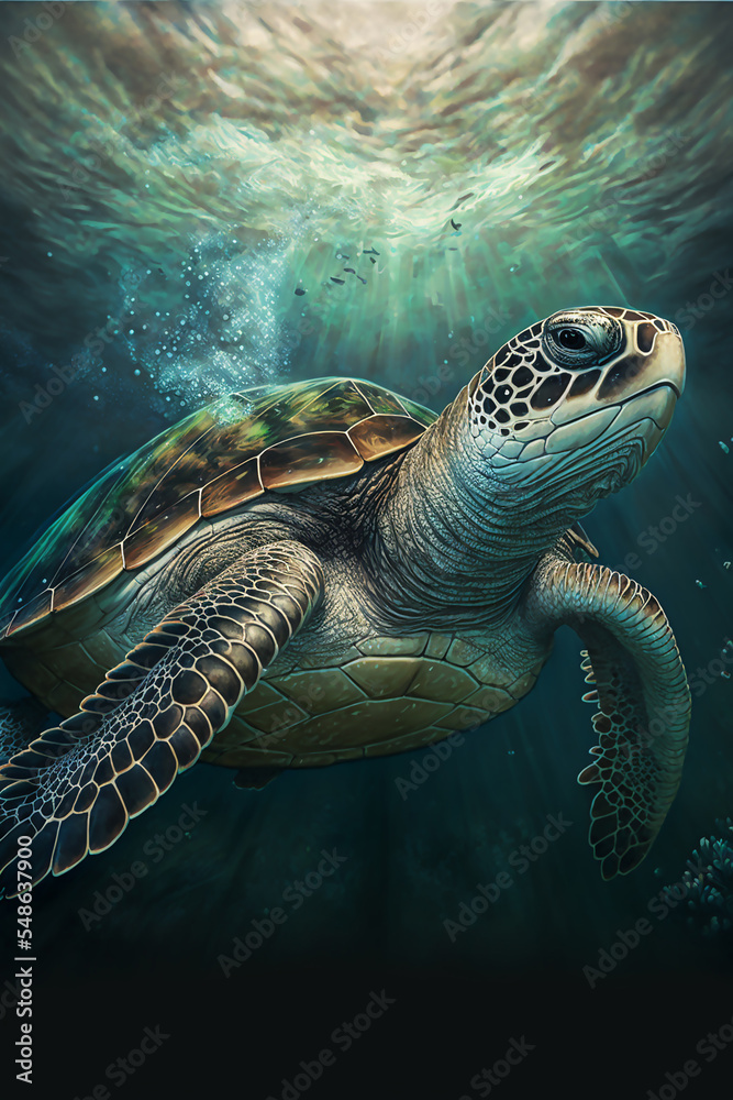 Fototapeta premium Sea Turtle Swimming in the Ocean, Digital Illustration, Concept Art, Generative AI
