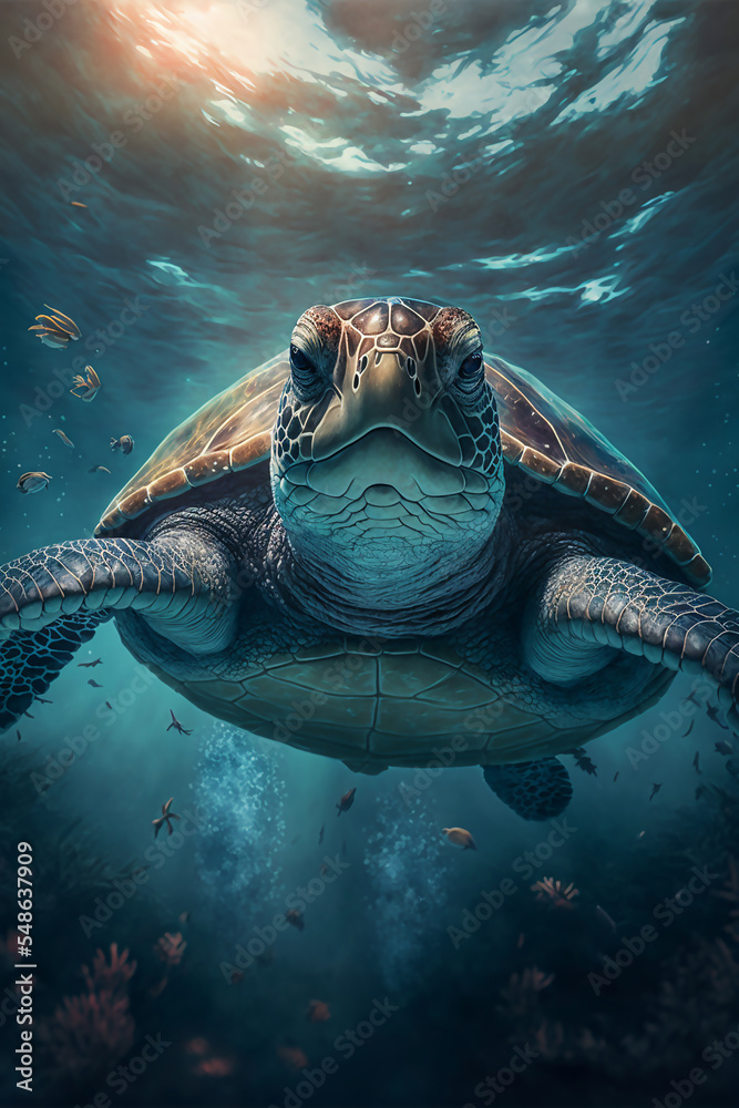 Obraz premium Sea Turtle Swimming in the Ocean, Digital Illustration, Concept Art