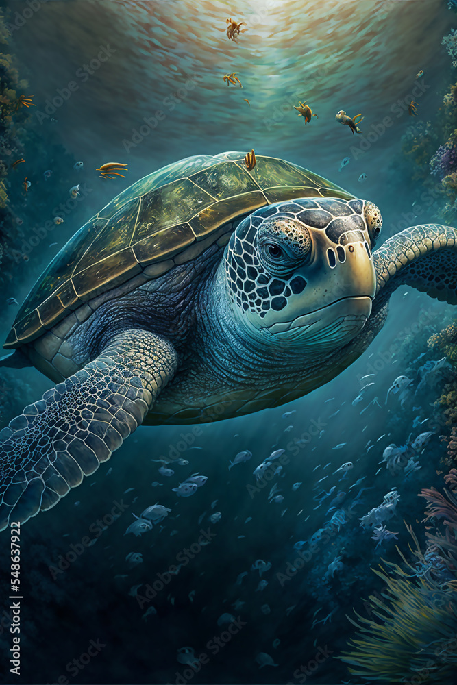Fototapeta premium Sea Turtle Swimming in the Ocean, Digital Illustration, Concept Art, Generative AI