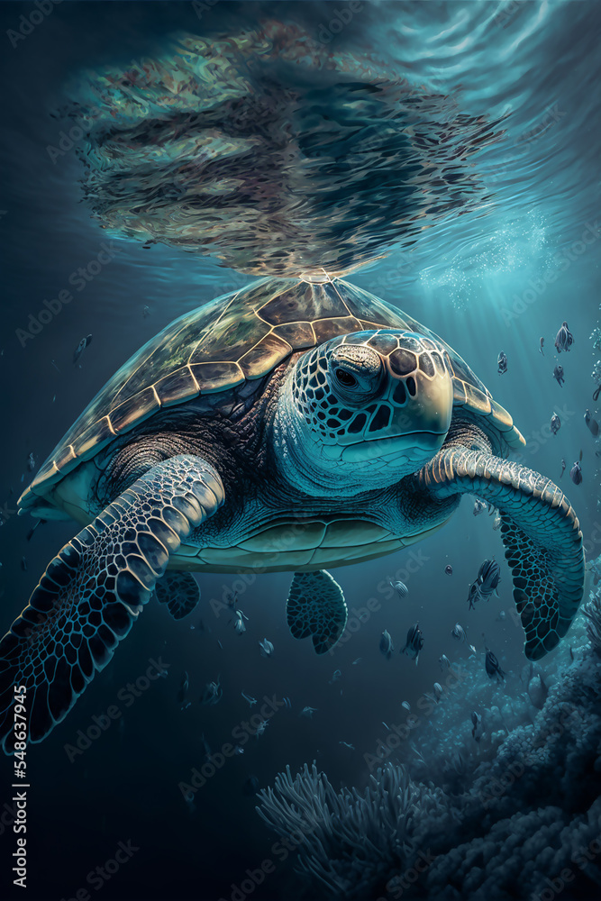 Obraz premium Sea Turtle Swimming in the Ocean, Digital Illustration, Concept Art