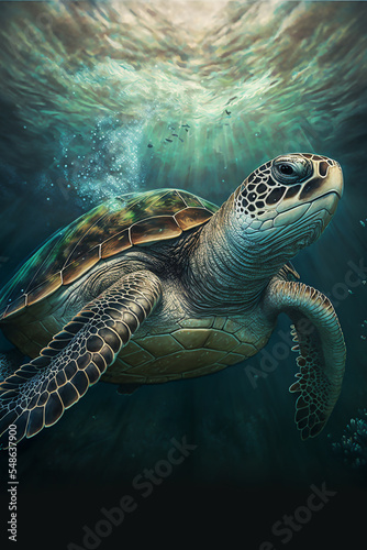 Sea Turtle Swimming in the Ocean, Digital Illustration, Concept Art, Generative AI © Badger