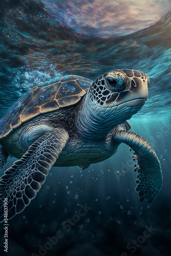 Sea Turtle Swimming in the Ocean, Digital Illustration, Concept Art