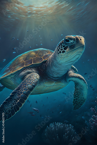 Sea Turtle Swimming in the Ocean, Digital Illustration, Concept Art © Badger