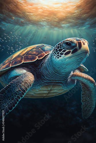 Sea Turtle Swimming in the Ocean, Digital Illustration, Concept Art
