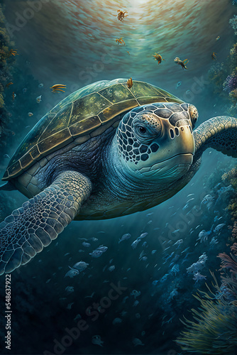 Sea Turtle Swimming in the Ocean, Digital Illustration, Concept Art, Generative AI