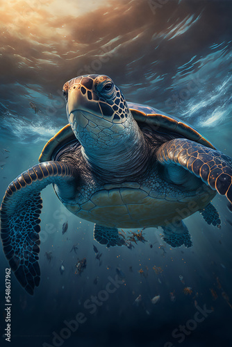 Sea Turtle Swimming in the Ocean  Digital Illustration  Concept Art
