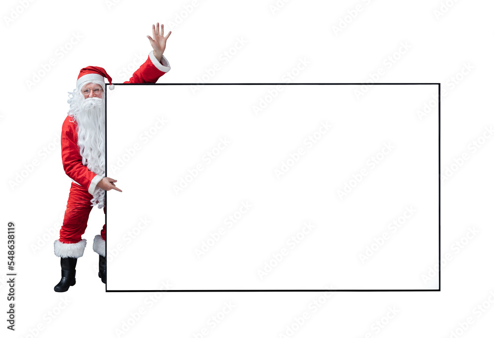 Santa Claus is holding and pointing the white blank sign for seasonal ...