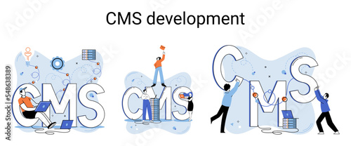 Digital content management system, CMS development software metaphor. Information system or computer program enable organize collaborative process of creating, editing and managing soft in network