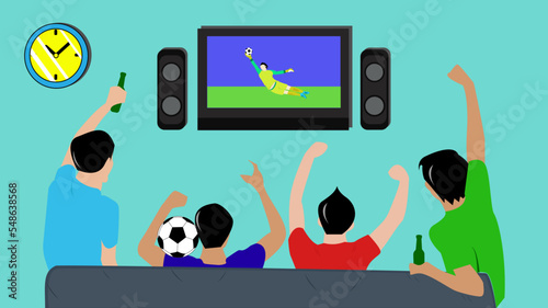 Watching football on tv together with friends vector illustration