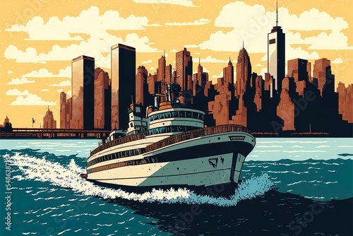 Ferry To Manhattan. View Of Manhattan From The Water At Suncartoon Style, New York, Usa