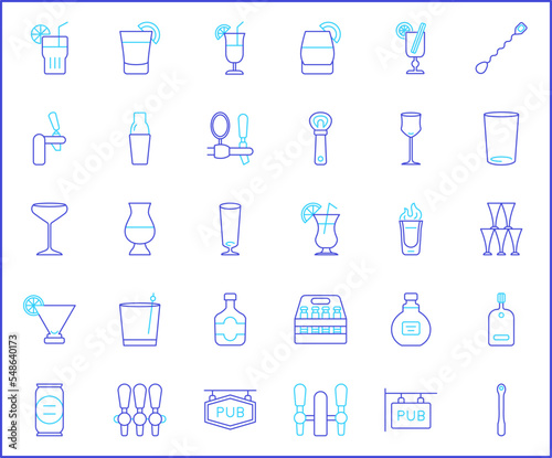 Simple Set of bar Related Vector Line Icons. Vector collection of alcohol  pub  drink  cocktail  bar glass  bottle  beer  beverage  liquor and design elements symbols or logo elements in thin outline.