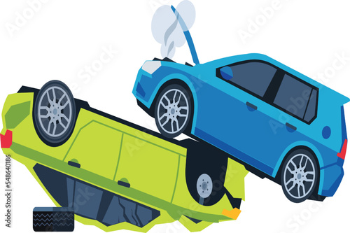 car accident for insurance claim illustration concept. Stacked cars after crash isolated on transparent png background