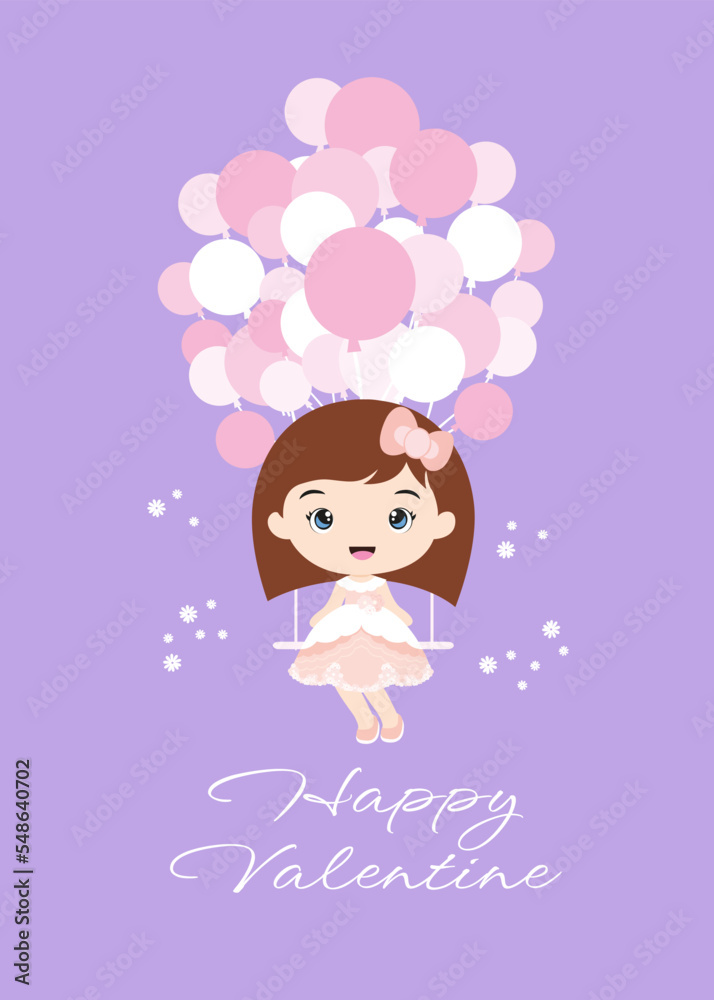 Valentine card with cute girl and pink balloons in purple background Valentine card with cute girl and pink balloons in purple background
