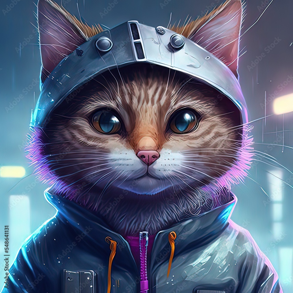 Futuristic cyber cat in cyberpunk style, Digital art style ...