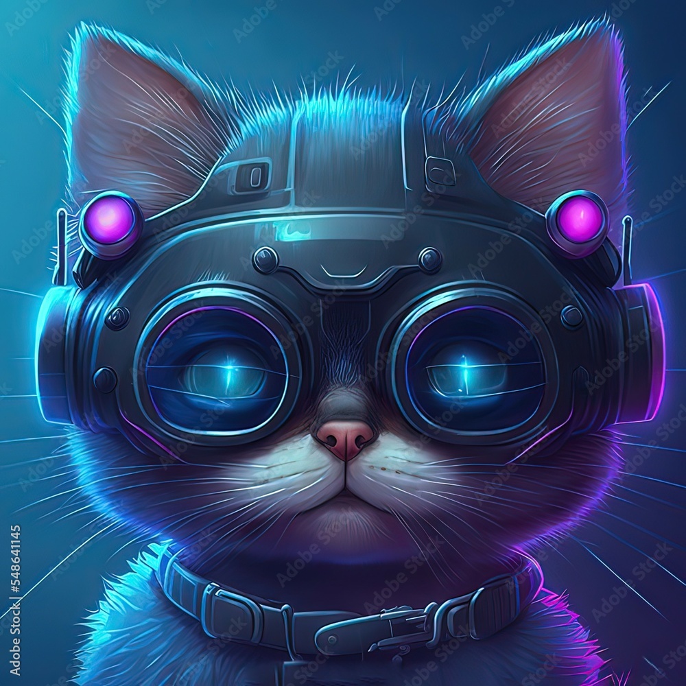 Futuristic cyber cat in cyberpunk style, Digital art style ...