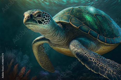 Sea turtle swimming in the Ocean, Digital Illustration, Concept Art © Badger